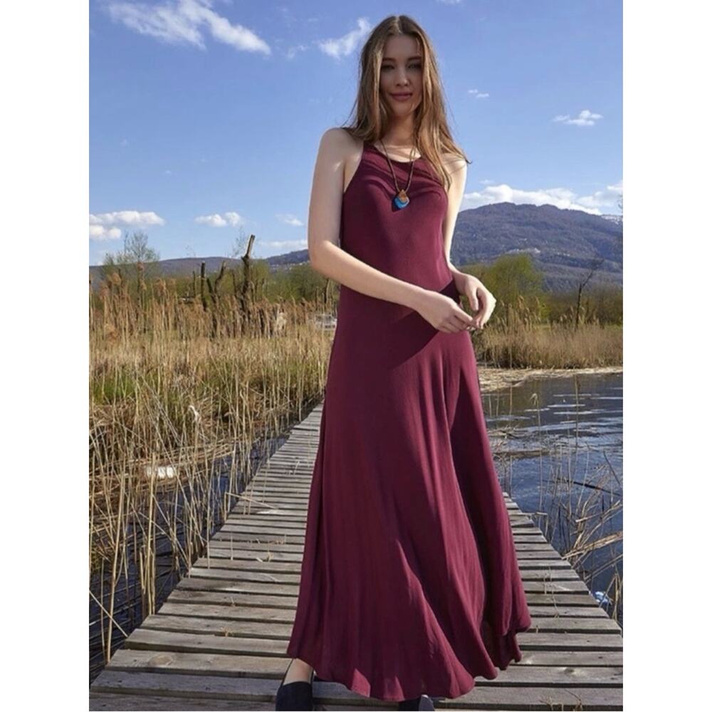 Boho Maxi Dress S/M Organic Viscose Cotton Burgundy Tie Strap Flowy Relaxed Fit - Picture 8 of 9